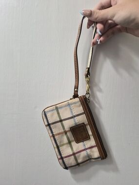 Coach Plaid Canvas Wristlet with Brown Leather Trim